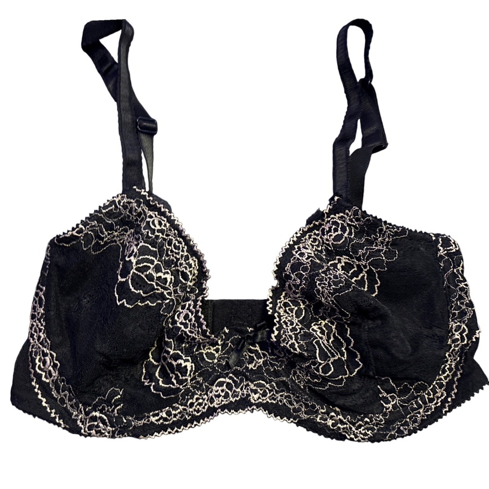 Black Beige Floral Embroidered Lace Underwire Bra Adjustable Straps 36D